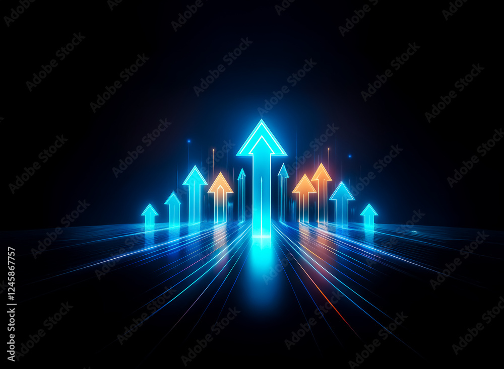 Poster illuminated blue and orange arrows ascend on a black backdrop, radiating bright light trails, symbol