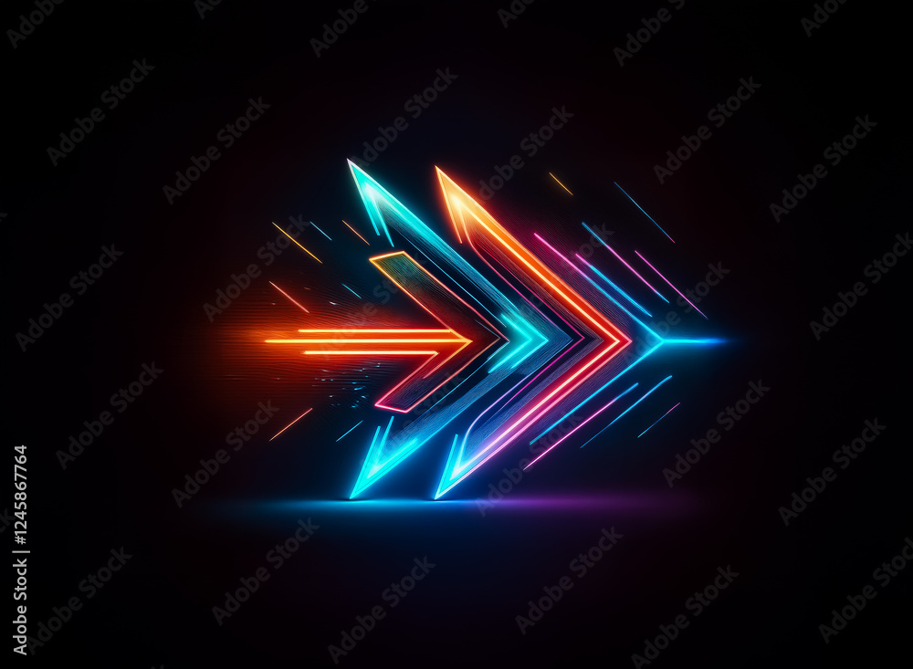 Poster vibrant neon arrows glow against a dark backdrop, pointing right. illuminated in blue, orange, and p