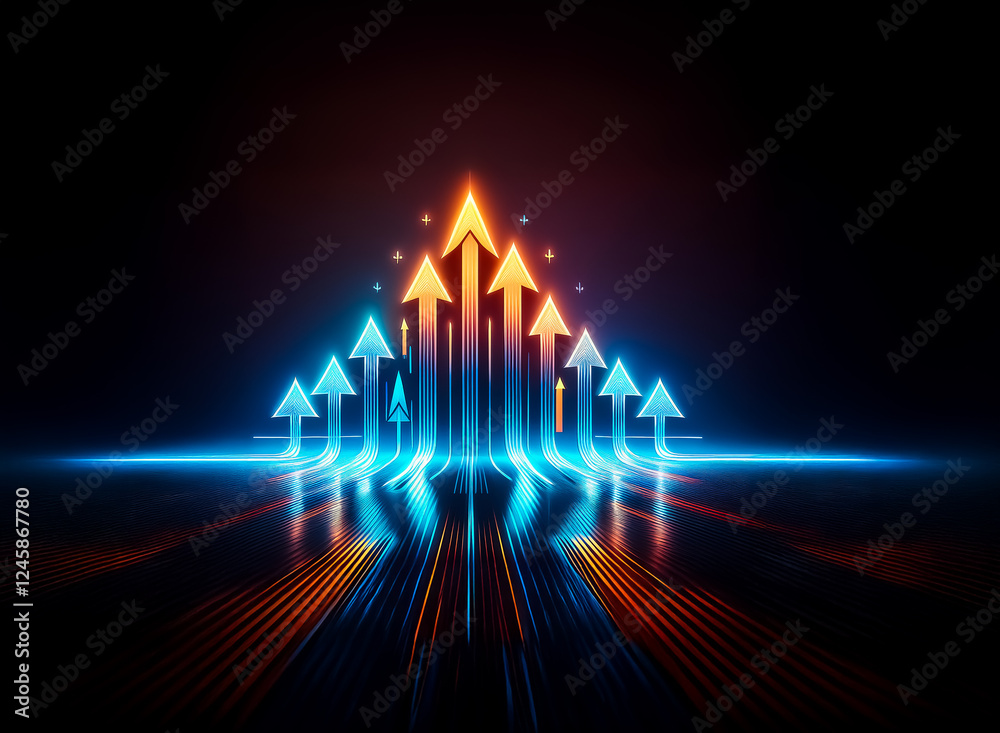 Poster glowing arrows ascend in vibrant blue and orange hues against a dark backdrop, symbolizing progress 