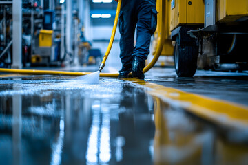 A person cleaning the floor with a yellow water hose in a factory, close-up, high-resolution photography