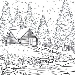 Naklejka premium Winter Forest Cabin Coloring Page Cozy Cabin Illustration for Adults and Kids