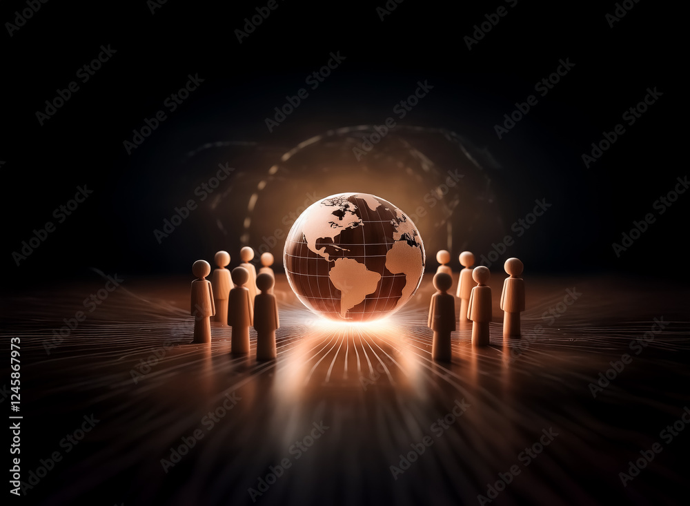Fototapete illuminated globe in the center surrounded by people figures, creating a global community concept wi