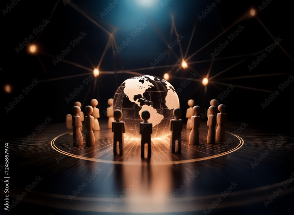 Fototapete wooden figures encircle a globe, light lines connecting them in a dark, illuminated scene. conceptua