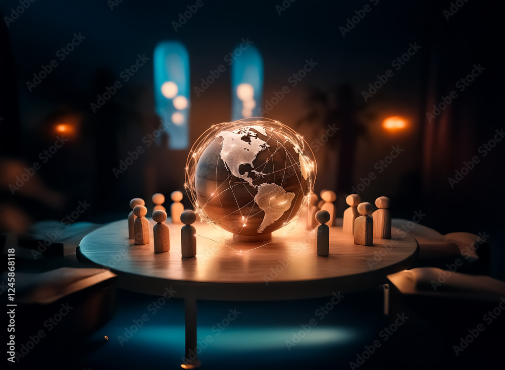 Poster a luminous globe rests on a table surrounded by wooden figures in a dimly lit room with blue and ora