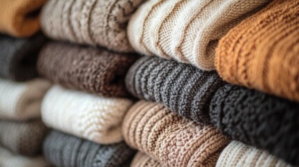 Colorful knitted sweaters in various textures are neatly stacked in a cozy boutique, inviting shoppers to explore the warmth and style of winter fashion. An autumn aesthetic permeates the space