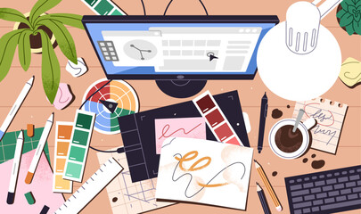 Dirty workplace of artist top view. Messy computer table with creative disorder. Clutter on desk: cup, drawing stationeries, color palettes. Painters' workspace organization. Flat vector illustration