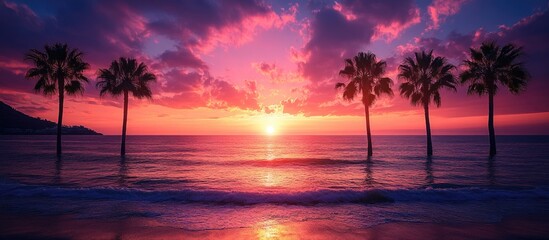 Obraz premium Winter sunset over the Mediterranean Sea with palm trees silhouetted against a vibrant sky, creating a serene coastal atmosphere.