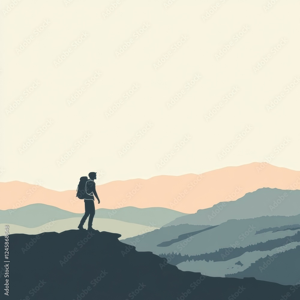 Poster Hiker standing on mountain ridge at sunset with open space for inspirational text. Generative AI