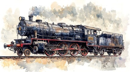 Obraz premium Vintage Steam Locomotive Watercolor Painting - Historic Train on Tracks.
