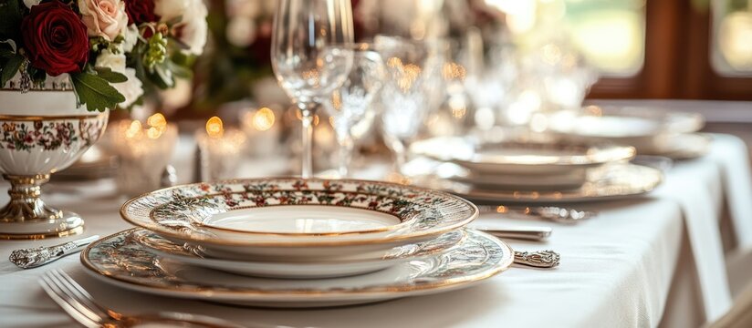Elegant dining setup with luxurious decor and silverware on white linens ideal for royal themes featuring empty copyspace for text