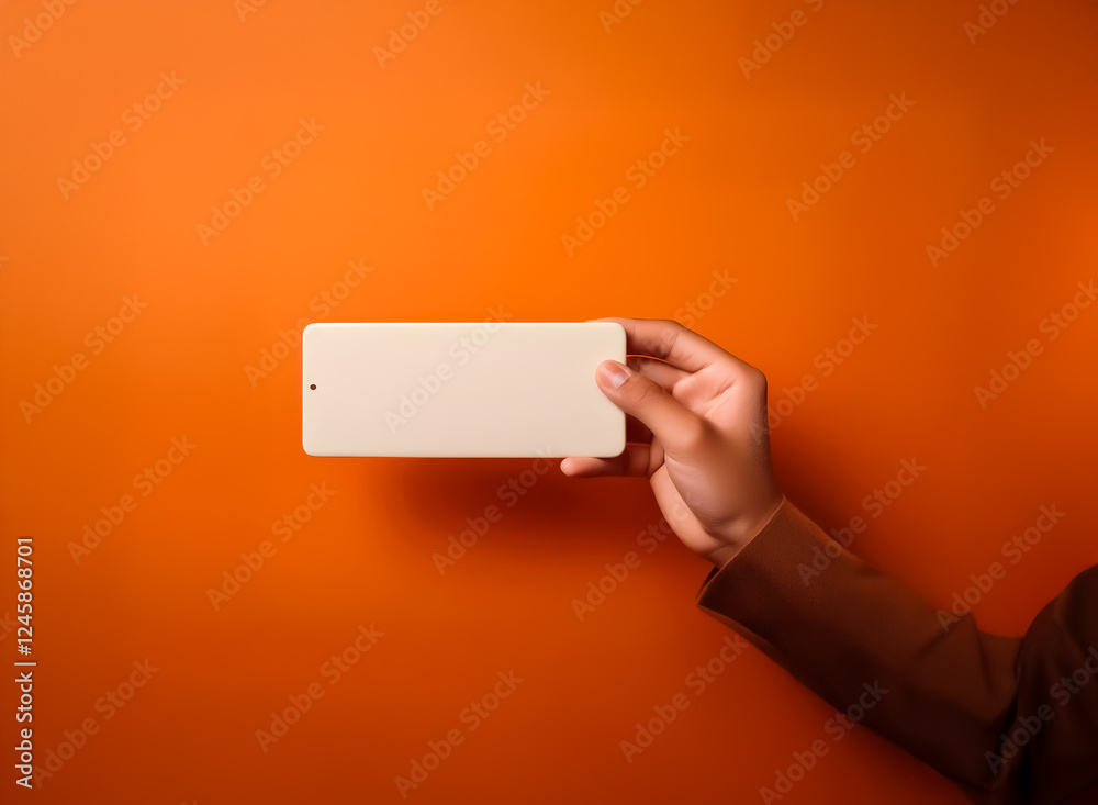 Poster hand holds a rectangular device against a vibrant orange backdrop. the object is light colored and s
