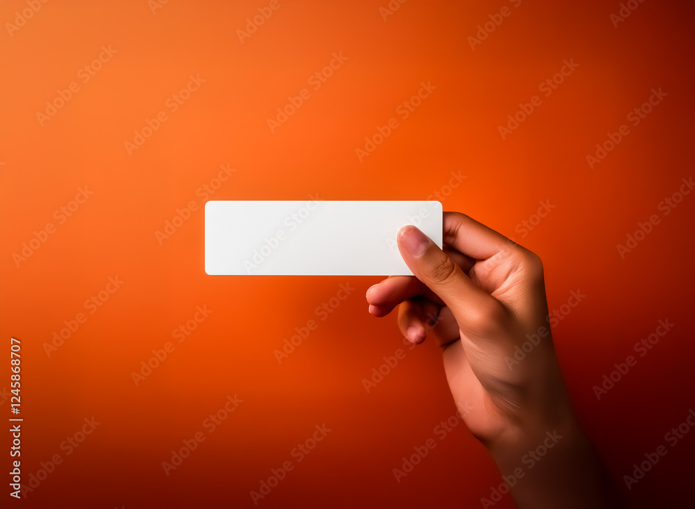 Aufkleber Hand holds a white rectangular object against a vibrant orange backdrop. The scene is simple, focusing on the contrast and the action of holding the object.