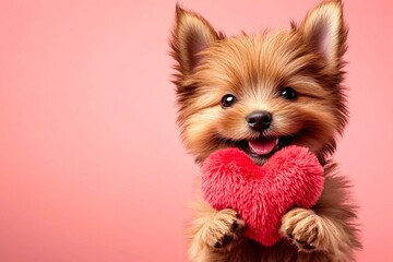 Cute pup with fluffy red heart - emblem of love, funny greeting card. Digital ads visual idea. - my cherished dog. Love and joy with pets. Love concept. Valentine's cards for dog lovers.