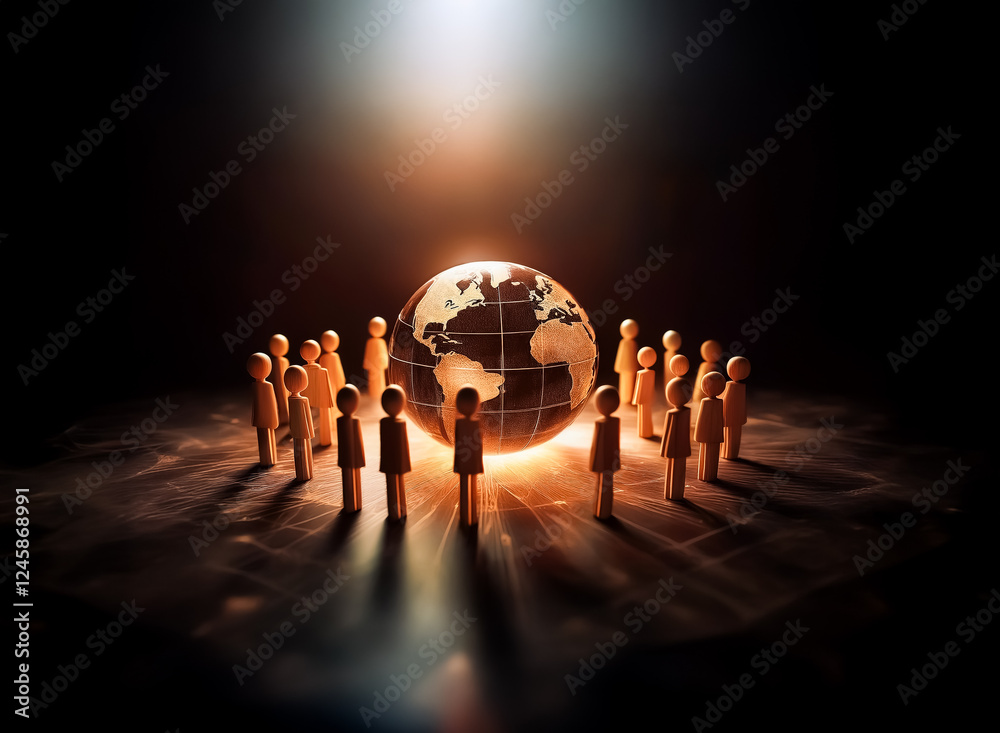 Leinwandbilder a group of people figures stand in a circle around a glowing globe. a bright light illuminates from 