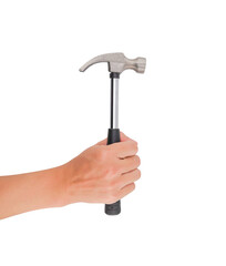 A man's hand holds a mechanic's tool called a hammer, isolated on a white background.