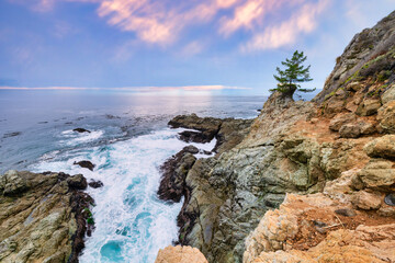 Highway 1 and Big Sur along the Pacific Ocean coast, beautiful landscape and aerial view, sunset, sunrise, fog. Concept, travel, vacation, weekend