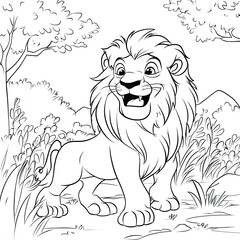Obraz premium Friendly Lion Playing in African Savanna Fun Coloring Book Page