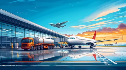 Airplane Fueling at Modern Airport Terminal - Sunset View.