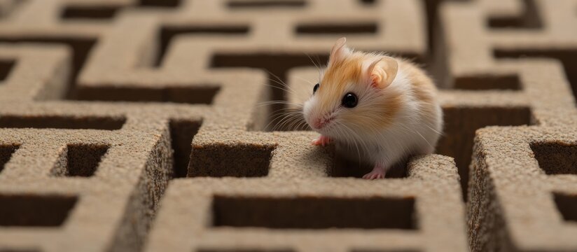 Lone hamster navigating a textured maze with binary code inspired patterns and ample empty space for creative text placement.