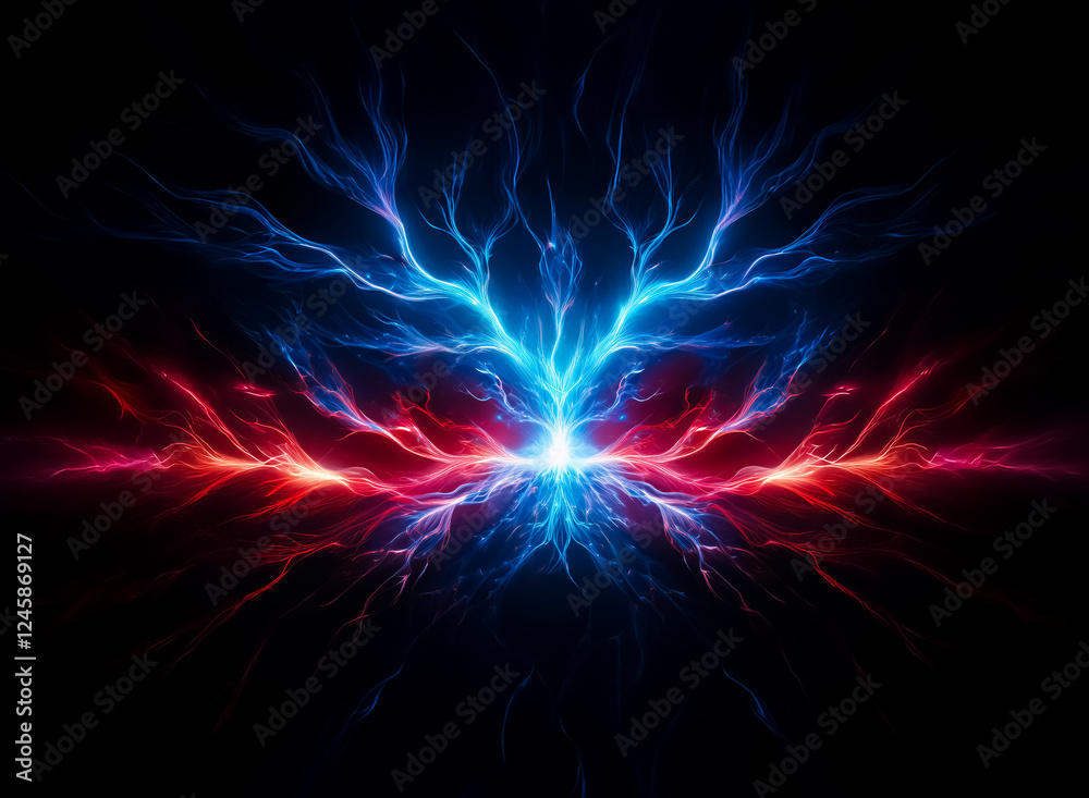 Poster a vibrant digital artwork features glowing blue and red energy streams expanding from a bright cente