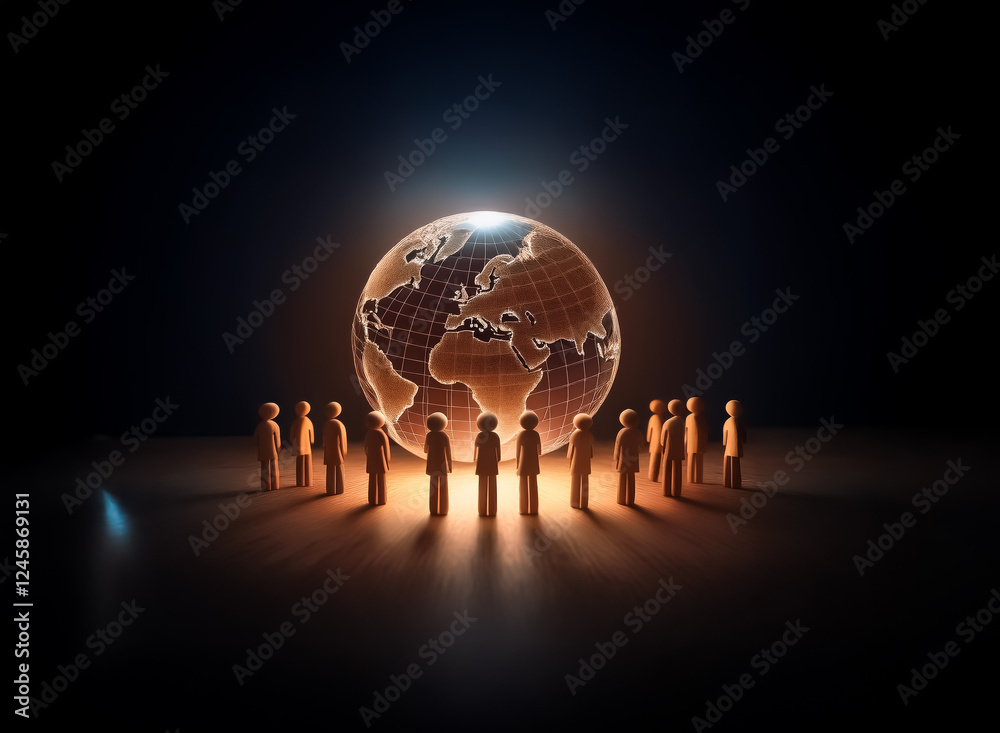 Aufkleber illuminated figures encircle a glowing globe on a dark plane. light radiates upwards, accentuating t