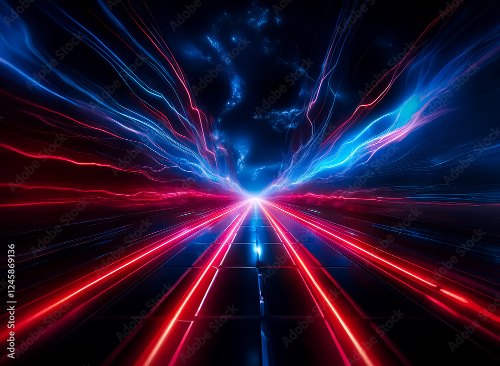 Poster dynamic perspective of red and blue light streaks converge to a bright point against a dark, cloudy 