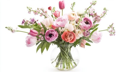 Obraz premium Fresh Spring Flowers in Glass Vase Celebrating International Women's Day with Soft Pastel Tones and Contemporary Elegance