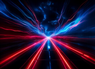 Dynamic perspective of red and blue light streaks converge to a bright point against a dark, cloudy backdrop.  Sense of speed and energy.