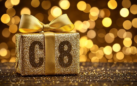 Gold gift box, number 68, bokeh background, celebration