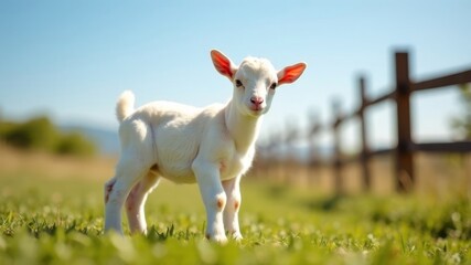 Fototapeta premium a small goat on the grass in a pen behind a fence