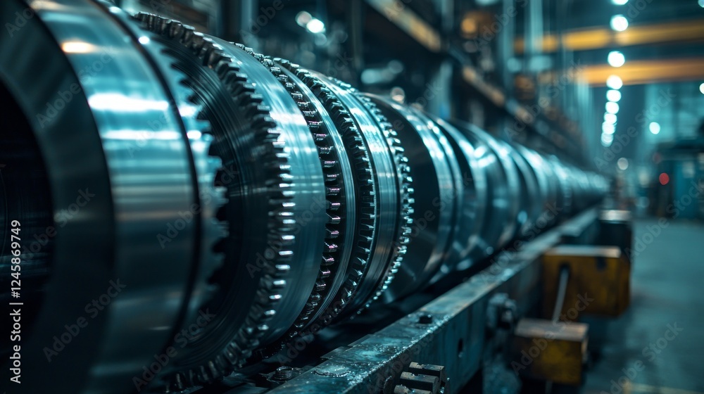 Poster intricate metal components are meticulously arranged along a conveyor in a lively industrial worksho