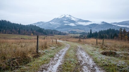Muddy road leading to snowy mountain, autumn field. Landscapes