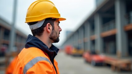 Fototapeta premium male builder in orange helmet and special uniform at construction site