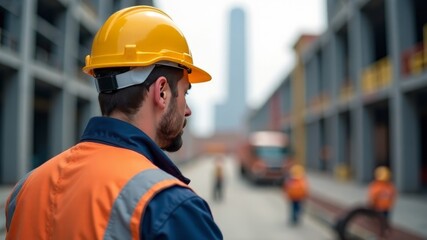 Fototapeta premium male builder in orange helmet and special uniform at construction site