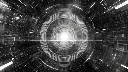 a futuristic, concentric circular design with a bright light at the center, resembling a high-tech interface or portal, with intricate details and lines radiating outward.