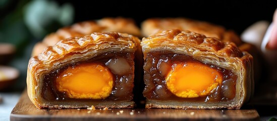 Mooncake with salted egg yolk held by hand showcasing traditional Asian dessert on a clean white background.