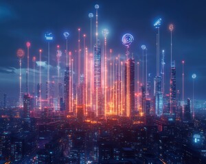 Futuristic City Skyline Neon Colors Digital Icons Data Streams Cyberpunk Technology Design