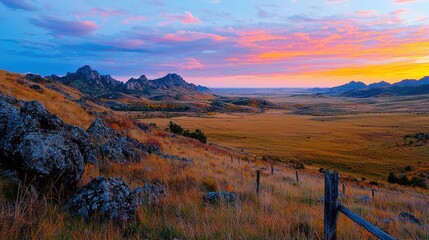 Sunset over plains, rocky hills, autumn colors