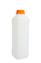 Empty white plastic bottle for dairy products with orange color cover isolated on white background