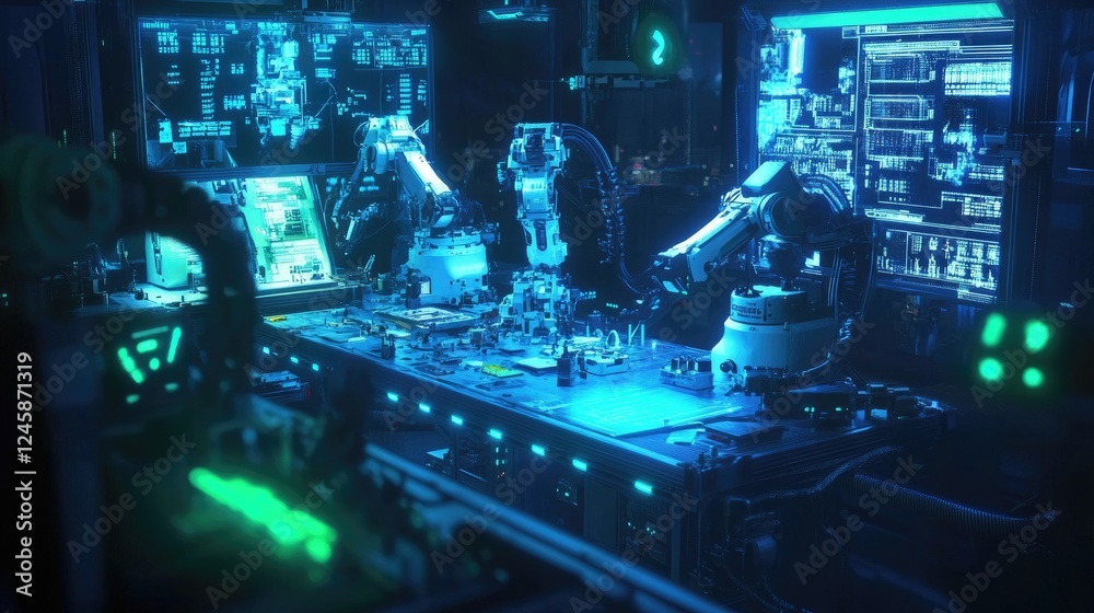 Poster A robotic workstation with multiple robots interacting under blue and green LED lighting, highlighting advancements in automation and technology.
