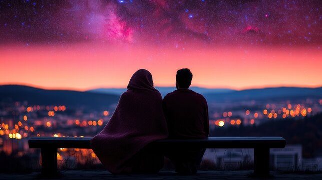A couple wrapped in a blanket, sitting on a bench watching t...