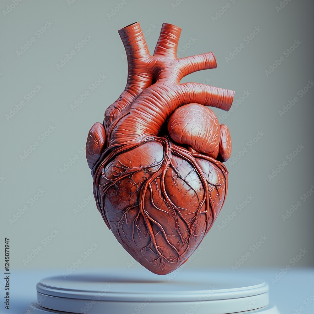 Poster a 3d model of a human heart is centrally positioned on a pedestal. showcasing its internal structure