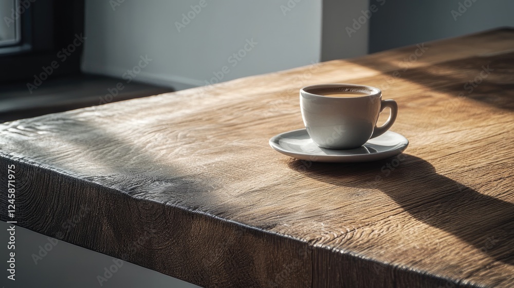 Poster a rustic wooden table with a coffee cup positioned artfully, natural light streaming across the surf
