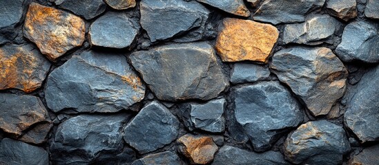 Fototapeta premium Textured gray stone wall featuring a mix of small and large stones providing a rustic and natural background suitable for various designs.
