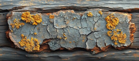 Fragment of weathered log wall showcasing cracks and lichen growth in rustic timber house architecture