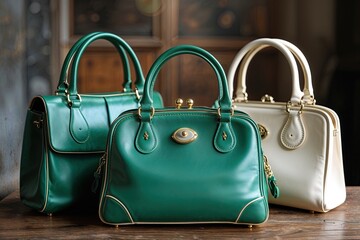 Premium Vintage Women's Handbags in Elegant Jade Green and Cream Leather