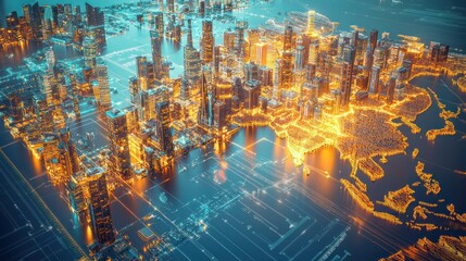 Obraz premium Vibrant Cityscape with Neon Lights and Digital Connections