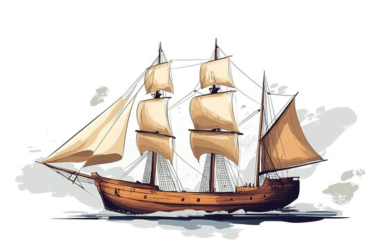 Vintage Wooden Sailing Ship Illustration: A Majestic Ocean Voyager, weathered timbers, tattered sails, antique nautical charm, perfect for travel brochures, nautical themed designs, pirate adventures,