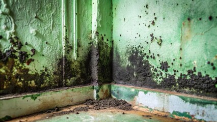 Dark greenish-black mold growing in a damp corner of an old house wall, with visible tiny fungal threads and a slimy texture , organic growth, corner