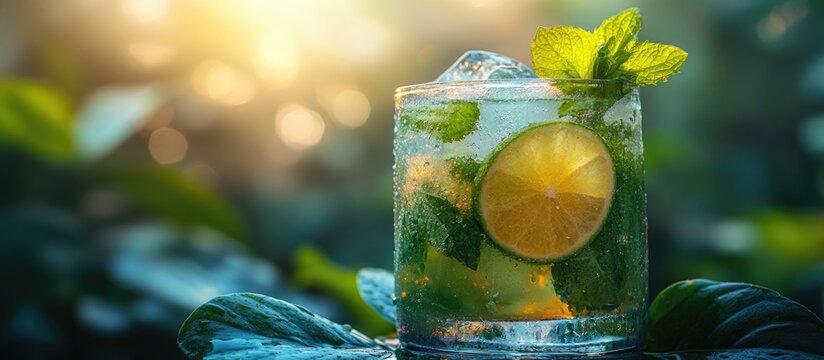 Refreshing mojito cocktail with lime and mint served in a foggy glass, surrounded by lush greenery and illuminated by soft sunset light.